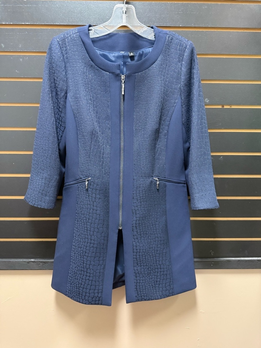Nicole Miller Mary Kay Navy Textured Zip Jacket 3/4 Sleeve Career Office Size 6
